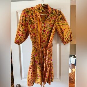 Olivaceous mustard floral tie waist cotton button down dress